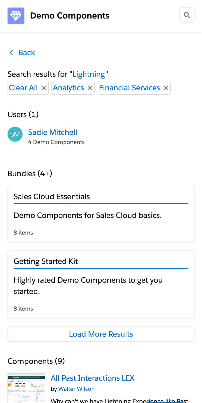 Demo components search page on mobile