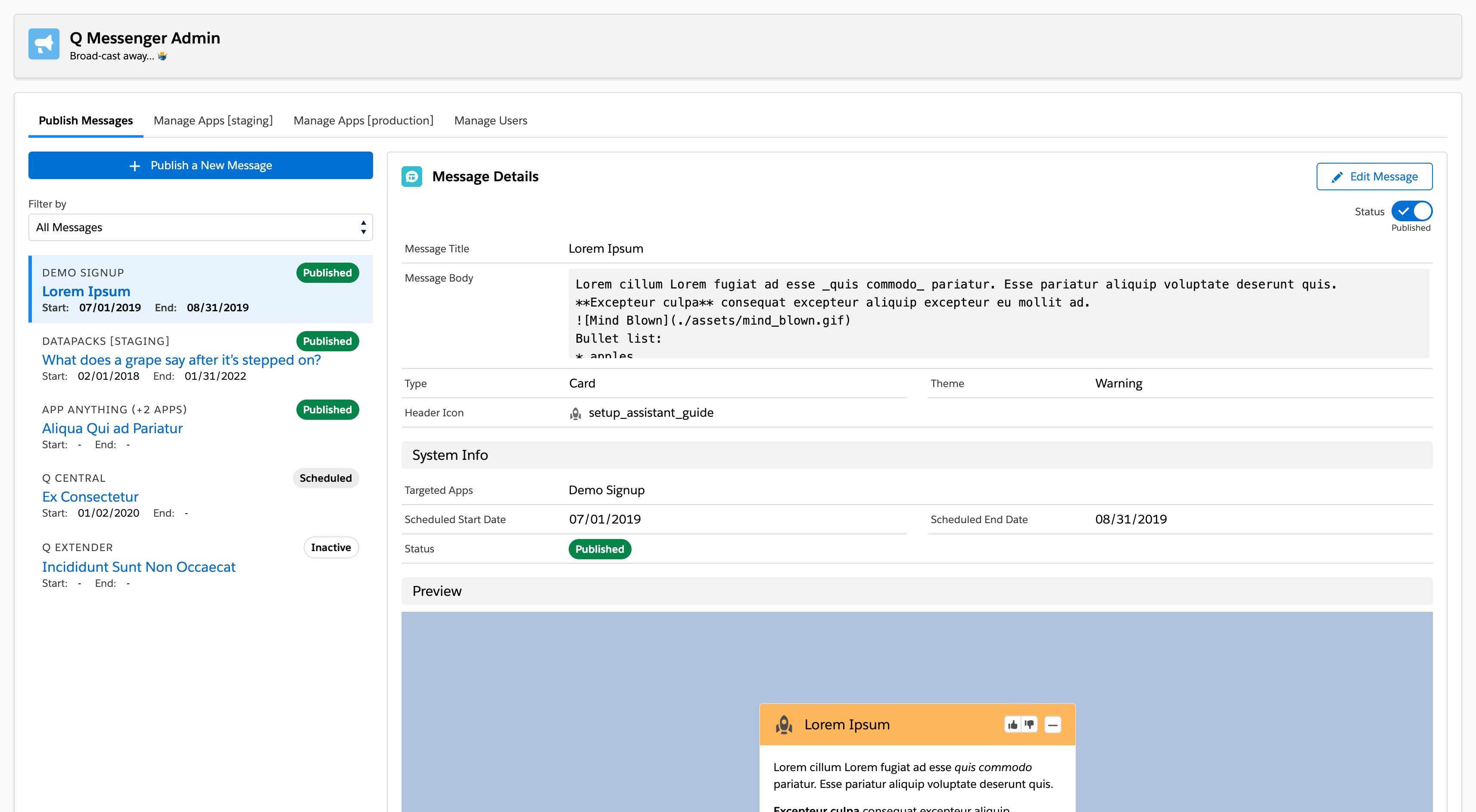 Q Messenger admin app for developers